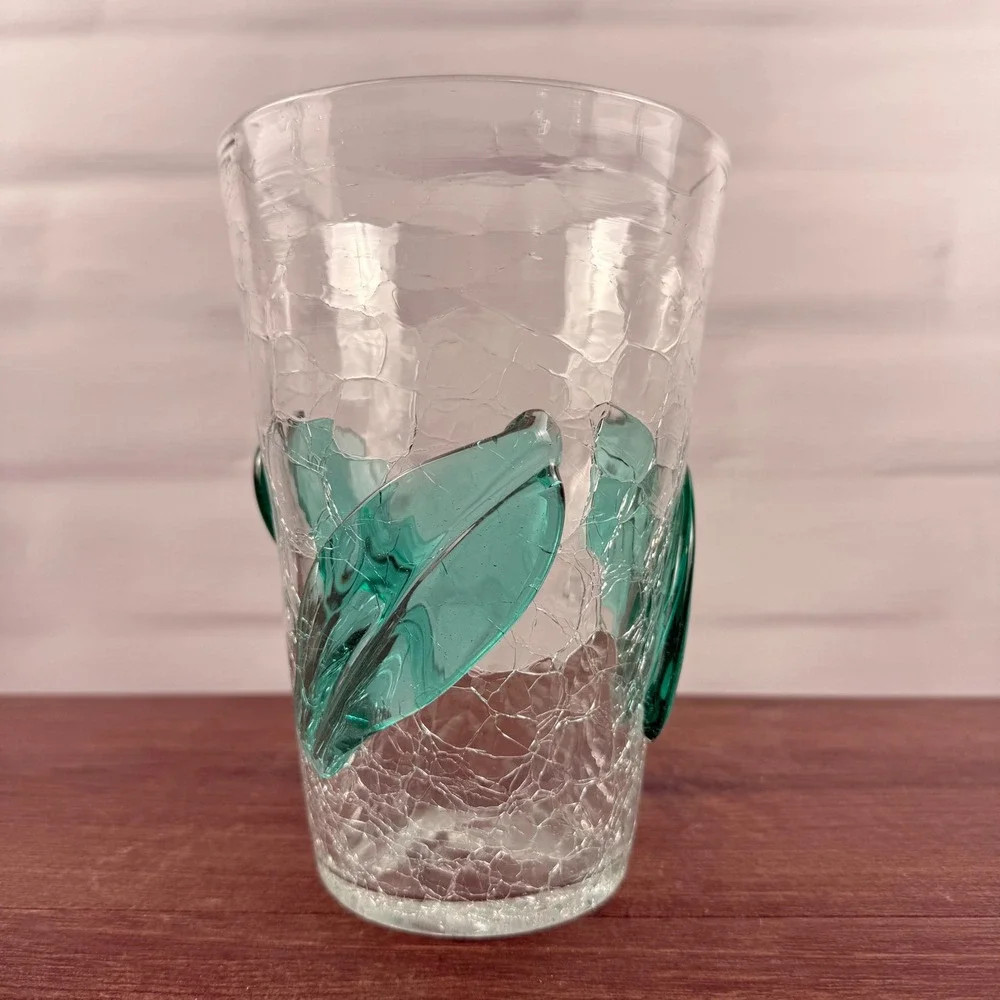 Blenko 366SL Leaf Beaker Vase Sea Green Crackle Glass Mid Century